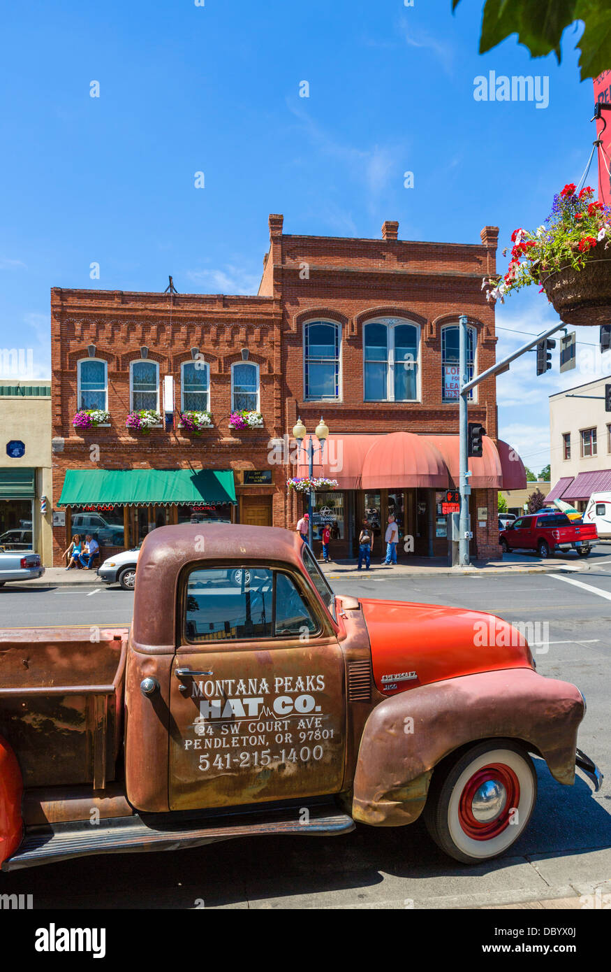 Old Chevrolet Advance Design 3100 truck on Main Street in downtown Pendleton, Oregon, USA Stock Photo