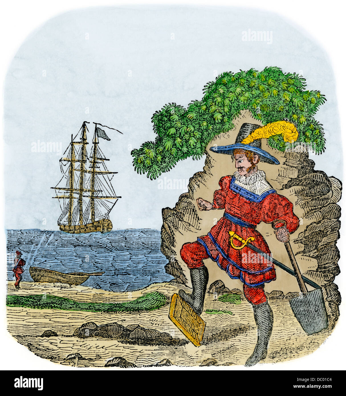 Pirate Captain Kidd burying his Bible. Hand-colored woodcut Stock Photo