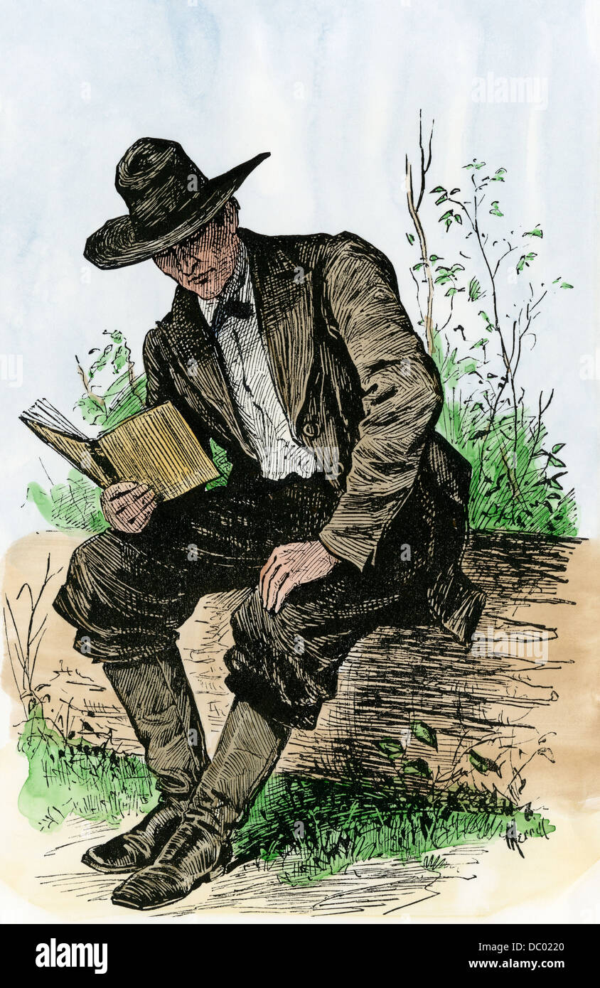 Abraham Lincoln when a young man, reading a book. Hand-colored woodcut Stock Photo