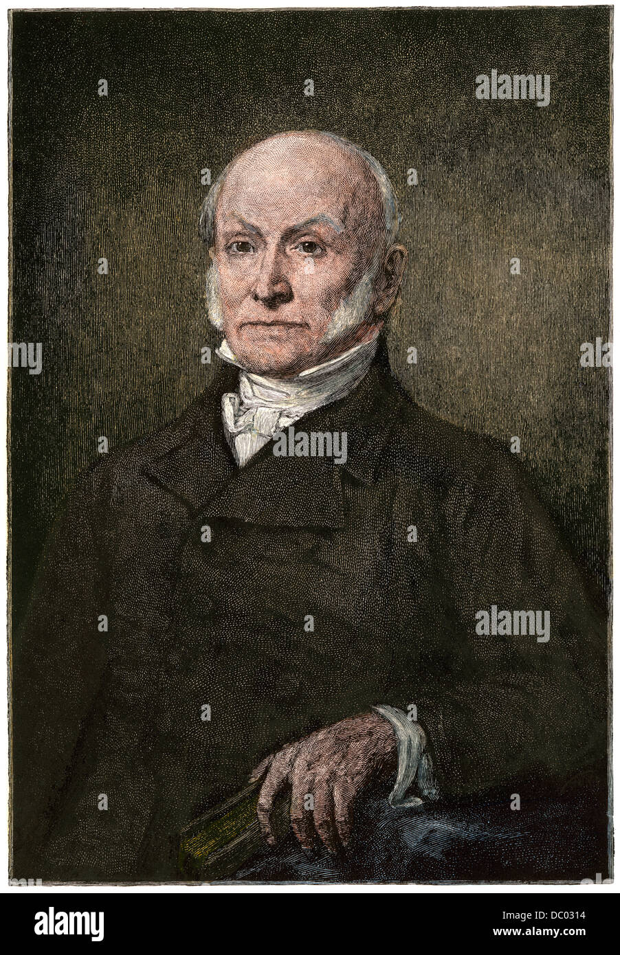 US President John Quincy Adams portrait, seated. Hand-colored woodcut Stock Photo