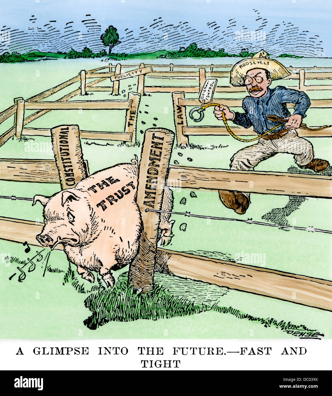 Cartoon of President Theodore Roosevelt's attempt to regulate trusts, shown as a pig squeezing through the Constitution. Hand-colored woodcut Stock Photo