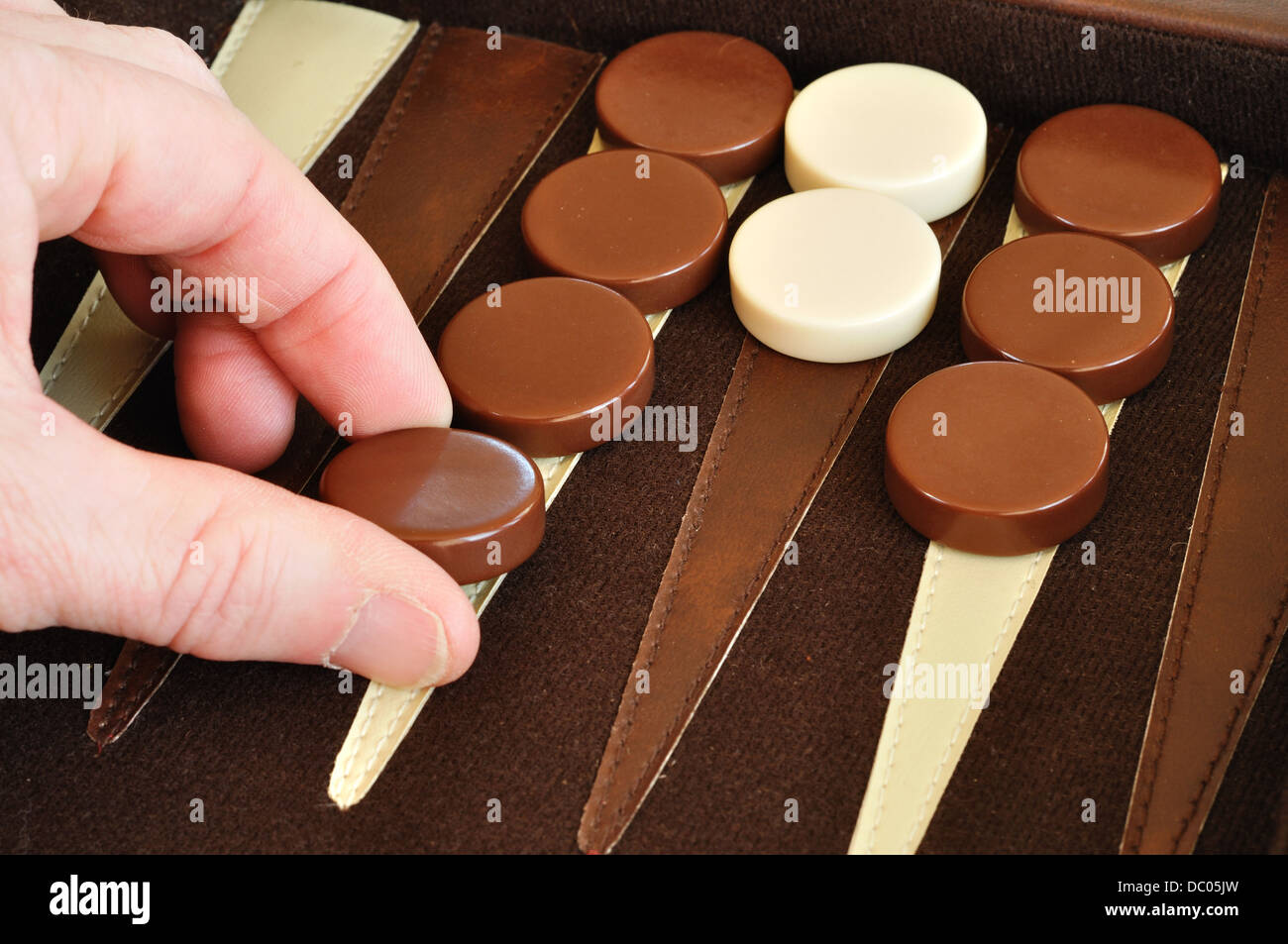 Playing backgammon on a board Stock Photo