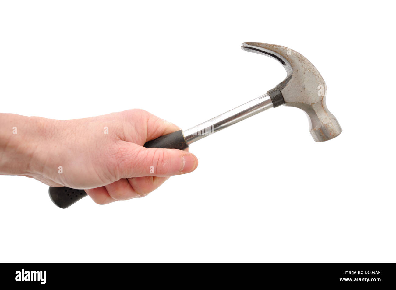 Hand using / holding a hammer Stock Photo