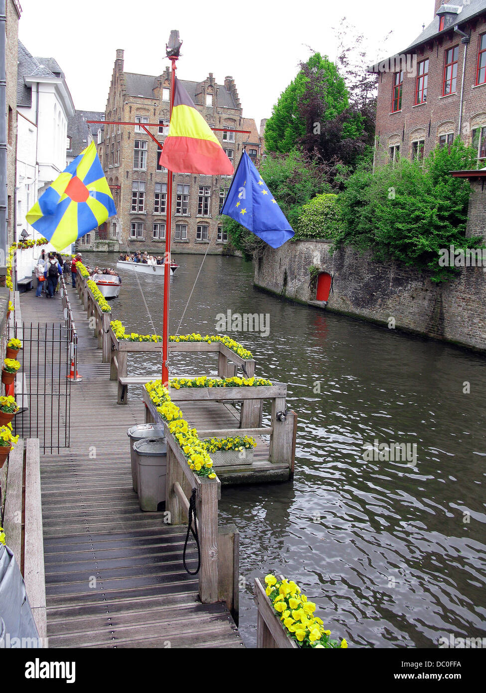 Bruges Belgium Flanders Europe Brugge Hotel Restaurant Duc de Bourgogne boat dock on canal Stock Photo