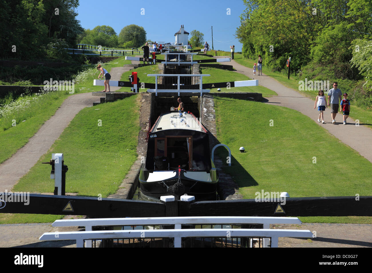 A narrowboat descending Foxton Locks, on the Grand Union Canal, the largest flight of staircase