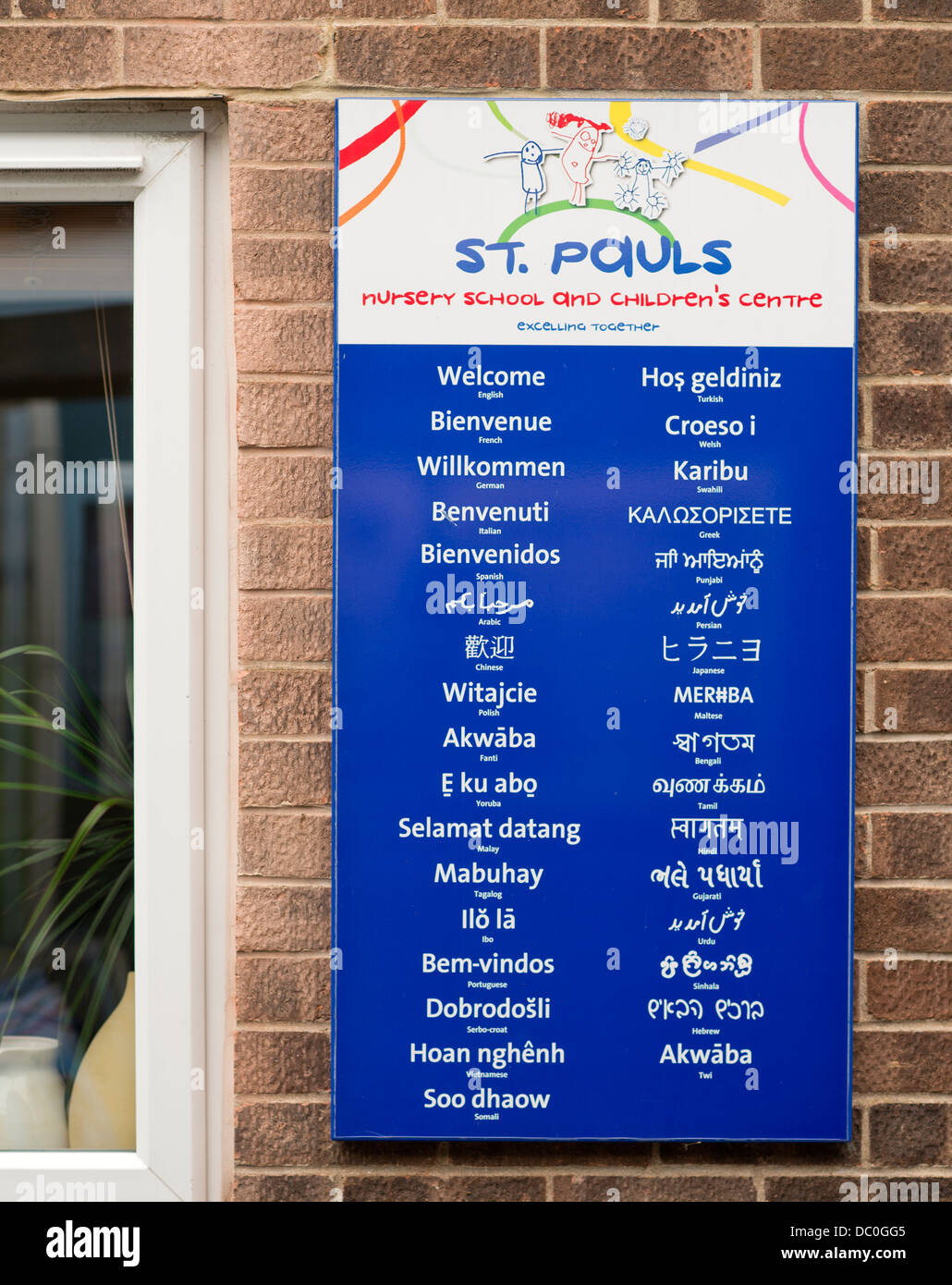 St. Pauls Nursery School and Children's Centre, Bristol UK 2013 - A welcome sign in thirty three different languages Stock Photo