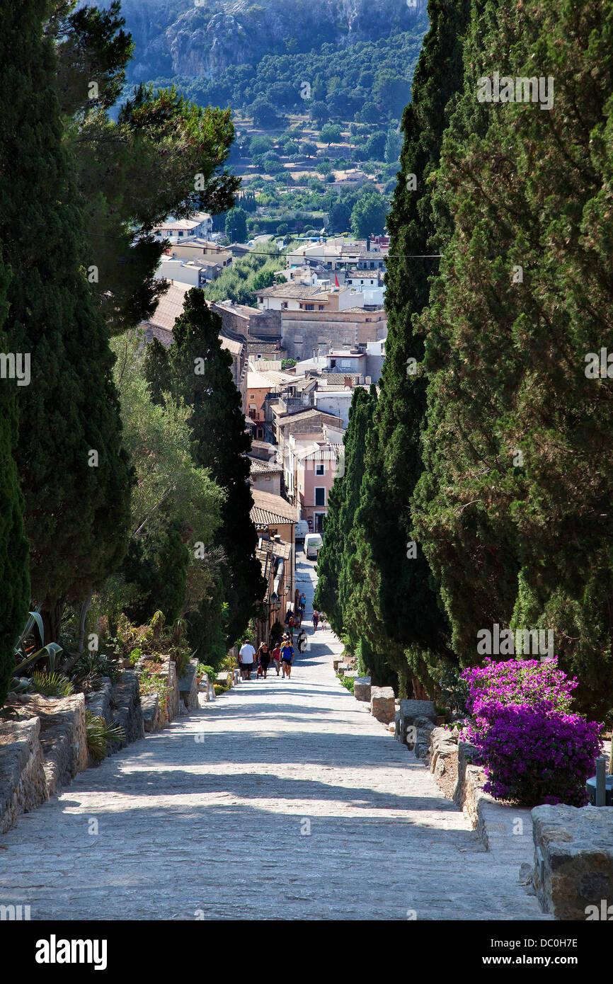 365 Calvari Steps in old town of Pollensa on the island of Majorca in the Balearic Islands Stock Photo