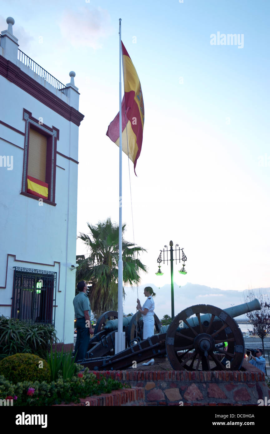 Solemn act of the lowering the flag at the Ceuta General Command in the traditional tribute to the fallen. Ceuta.North Africa. Stock Photo