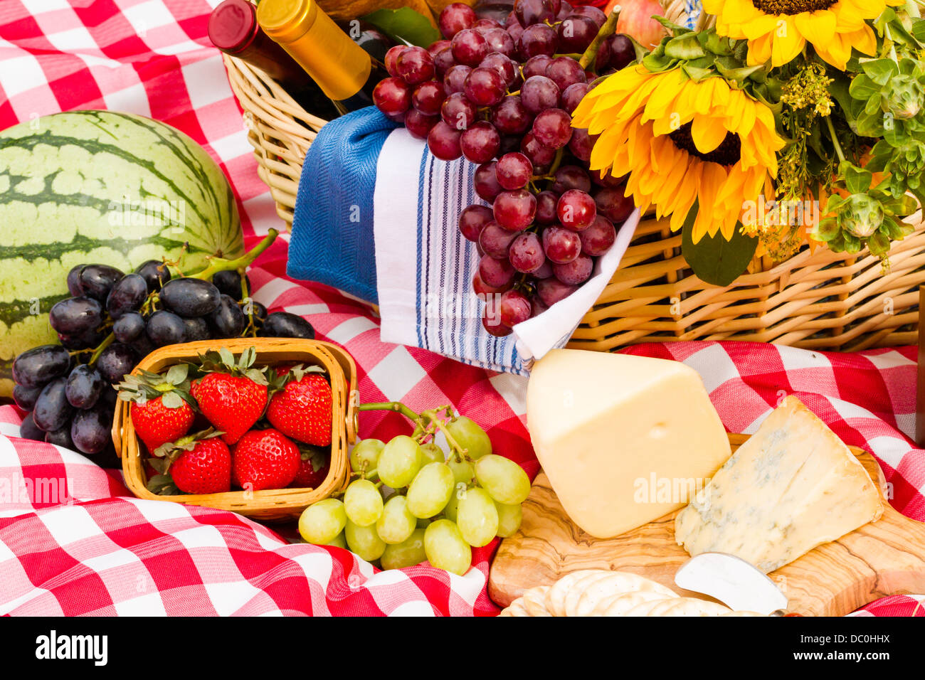 Summer picnic with a basket of food in the park Stock Photo - Alamy