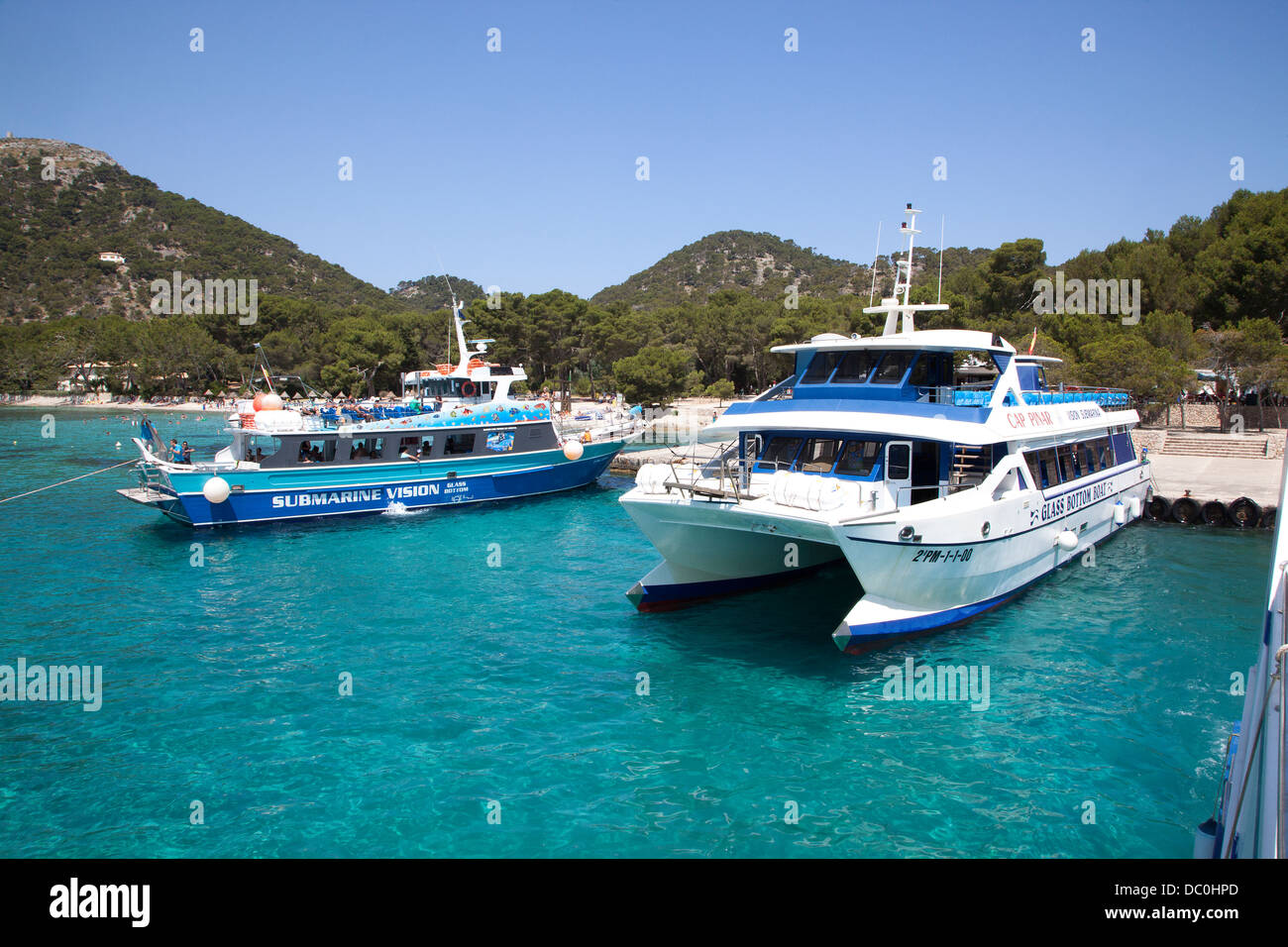 Passenger Ferry from Puerto Pollensa to the beach at Formentor on the island of Majorca in the Balearic Islands Stock Photo