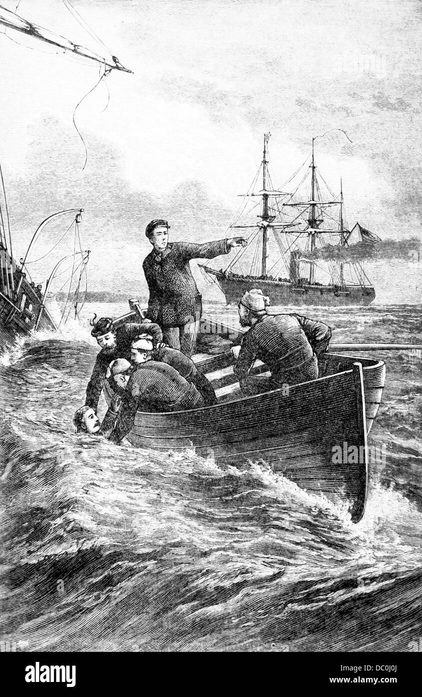 1800s 1860s JUNE 1864 CAPTAIN SEMMES OF THE CSS ALABAMA BEING RESCUED BY BOAT FROM BRITISH DEERHOUND Stock Photo