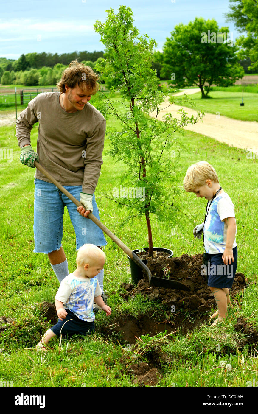 A father and his children, a young boy and a baby, are planting a tree Stock Photo