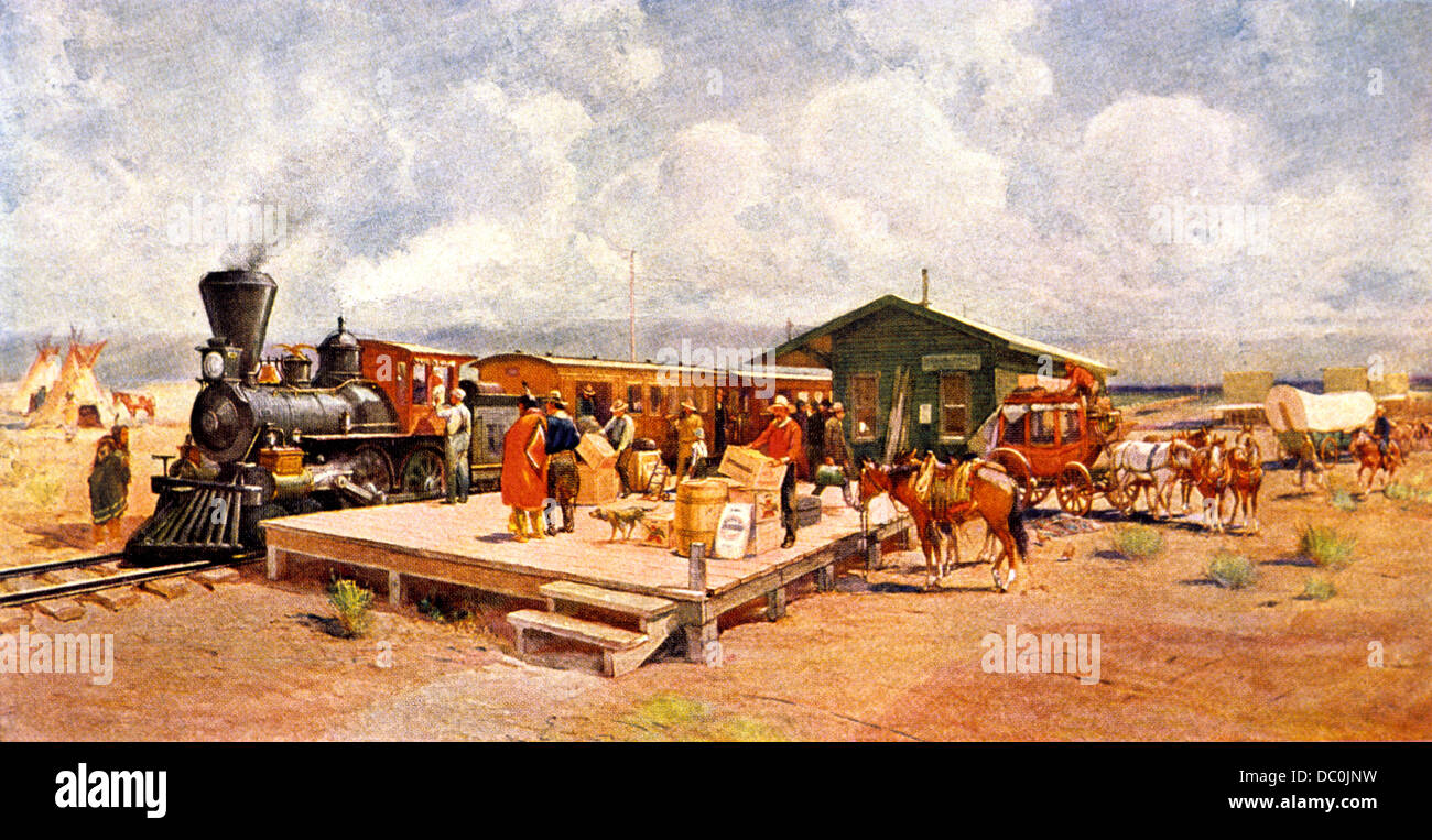 UNION PACIFIC TRAIN IN WESTERN KANSAS 1870 EARLY RAILROAD COMMERCE TRAVEL Stock Photo