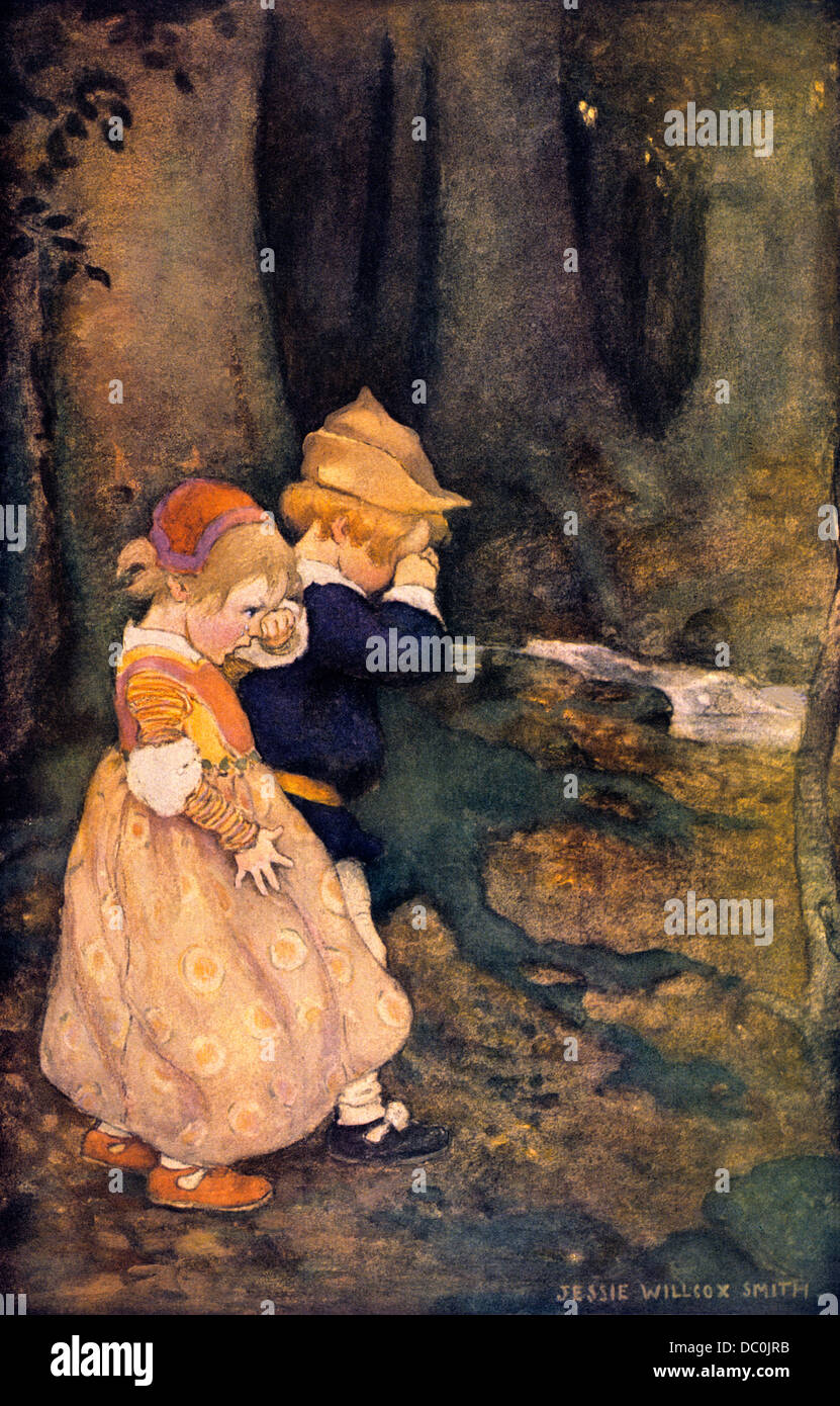 ILLUSTRATION HANSEL AND GRETEL LOST IN THE WOODS FAIRY TALE  BY JESSE W. SMITH Stock Photo