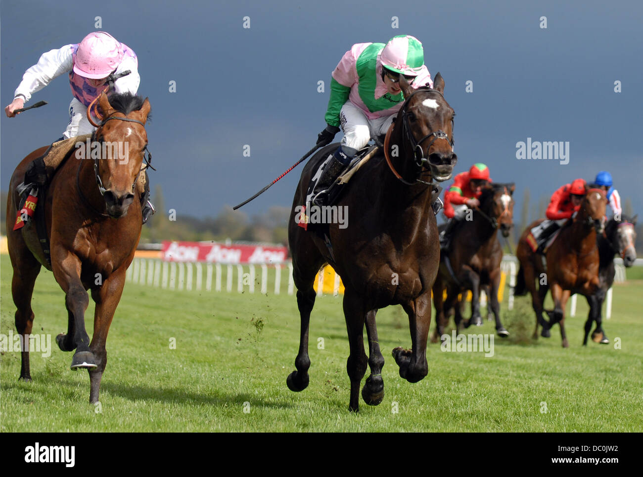 Minimise Risk, centre, winning the Bathwick Tyres Maiden race at Newbury on 21-04-2012 with the dark skies in the background. Stock Photo