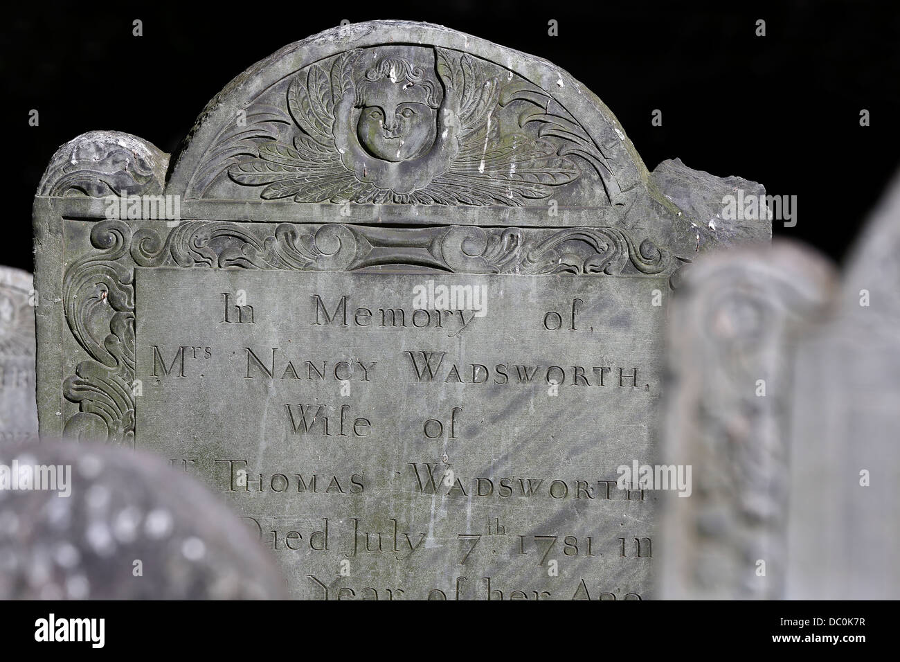 Colonial headstone in King's Chapel Burying Ground on the Freedom Trail, Boston, Massachusetts Stock Photo