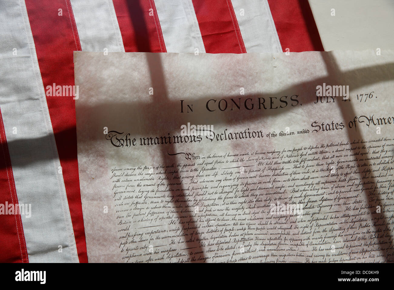 Window display of American flag and the Declaration of Independence at Faneuil Hall on the Freedom Trail, Boston, Massachusetts Stock Photo