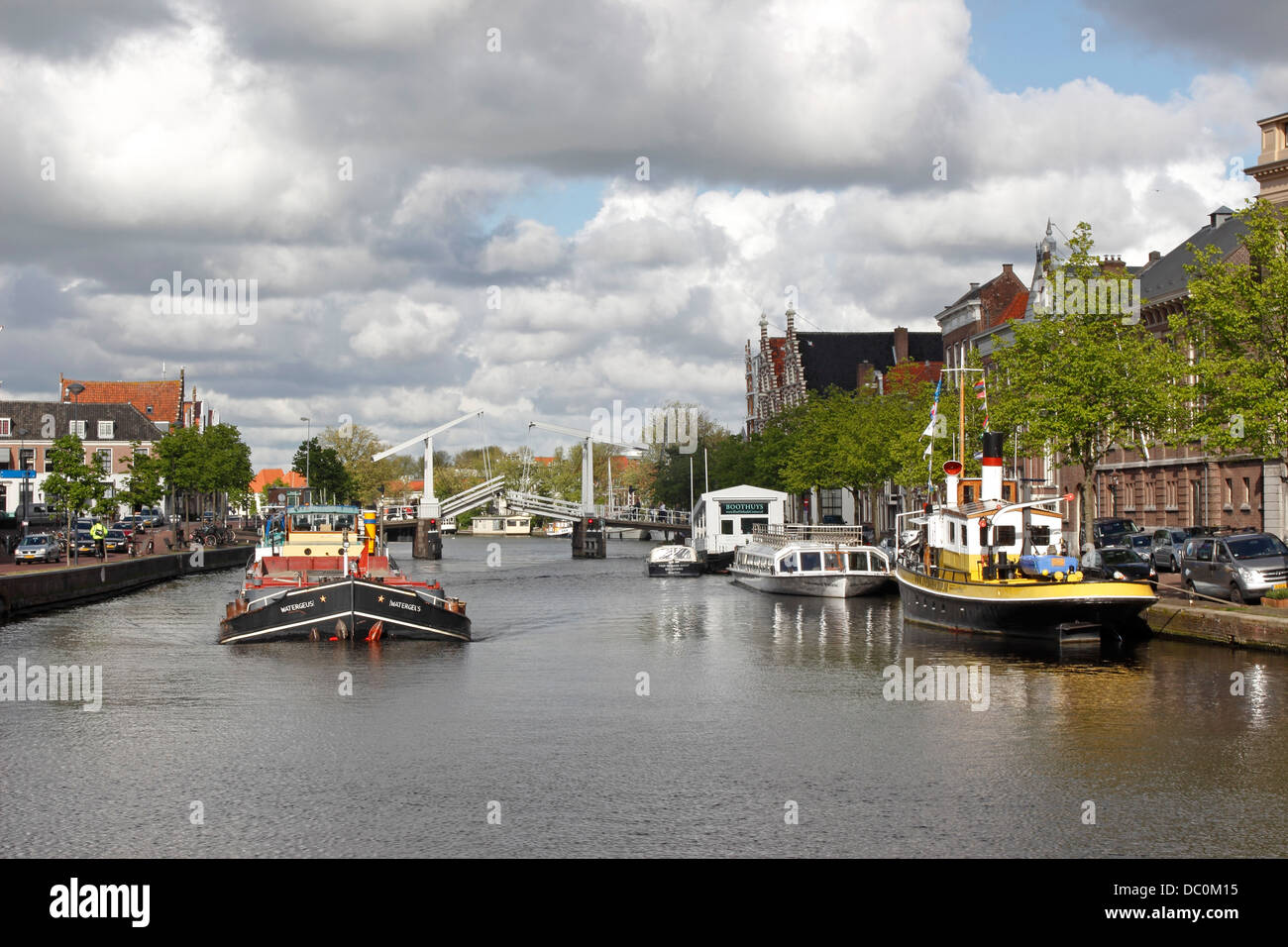 Haarlem Netherlands Europe boats on Spaarne canal in city center Stock Photo