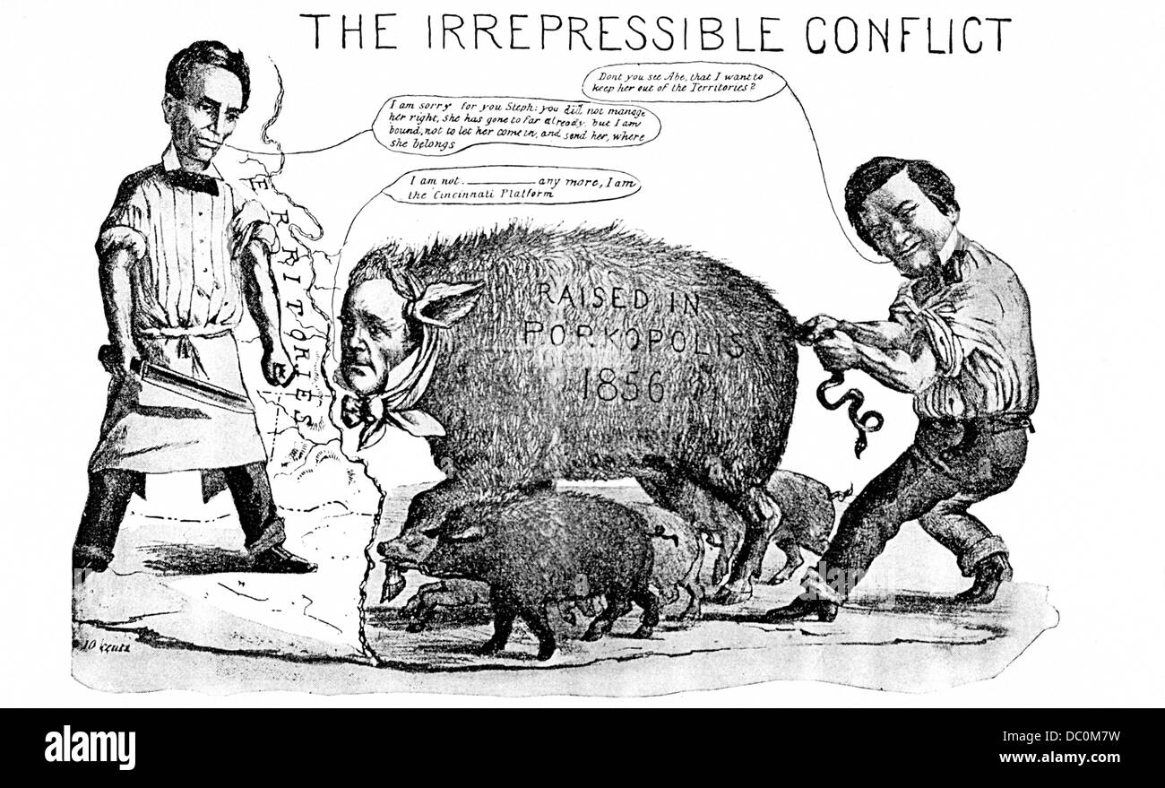 1800s 1850s 1858 CARTOON IRREPRESSIBLE CONFLICT BETWEEN ABRAHAM ABE LINCOLN AND SENATOR STEPHEN DOUGLAS Stock Photo