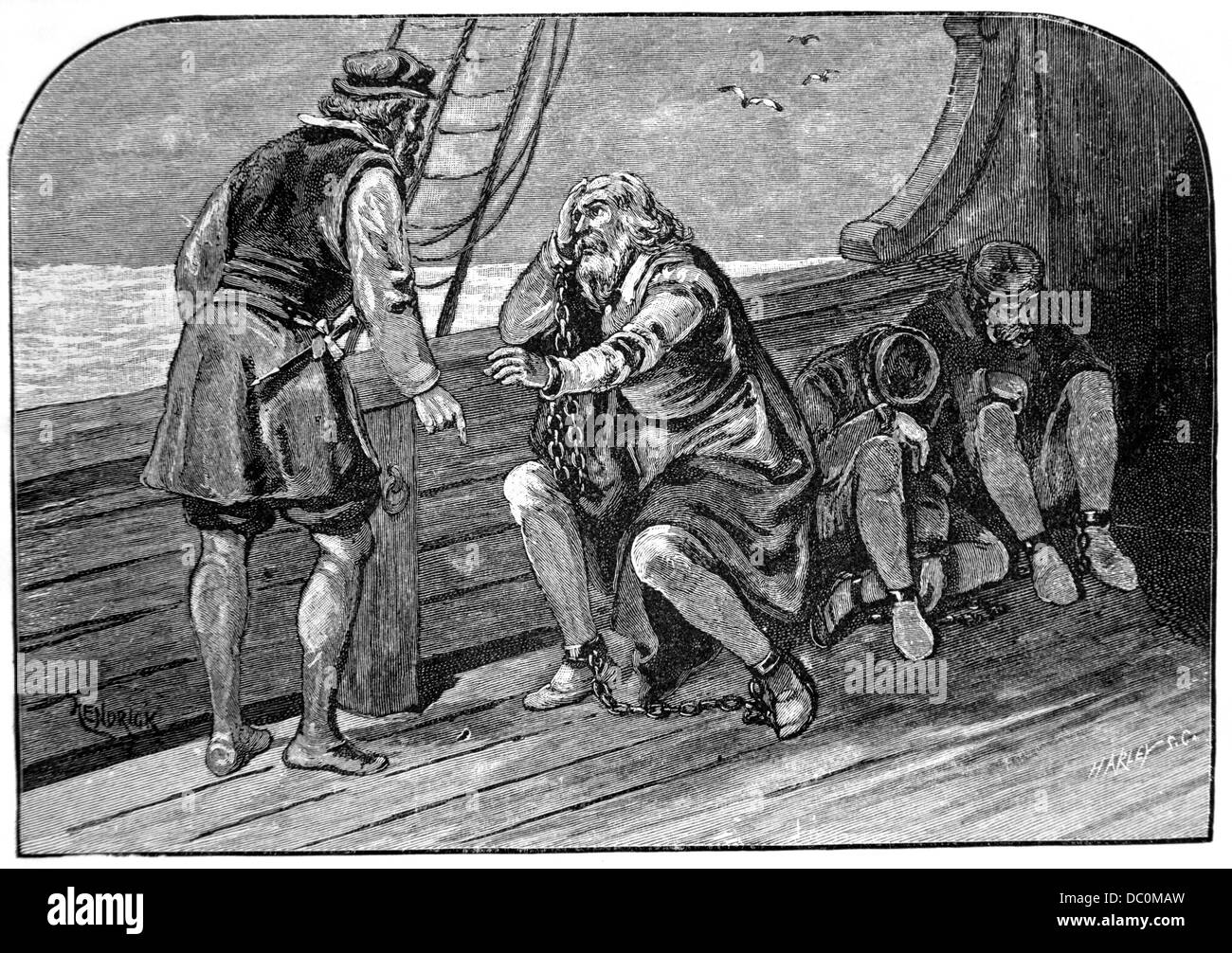 1500s OCTOBER 1500 CHRISTOPHER COLUMBUS SAILING BACK TO SPAIN IN CHAINS AFTER BEING ARRESTED IN SANTO DOMINGO Stock Photo