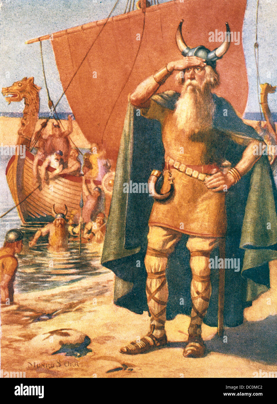 VIKING EXPLORERS LANDING ON AN UNKNOWN SHORE DURING MEDIEVAL TIMES 8TH TO 11TH CENTURY Stock Photo