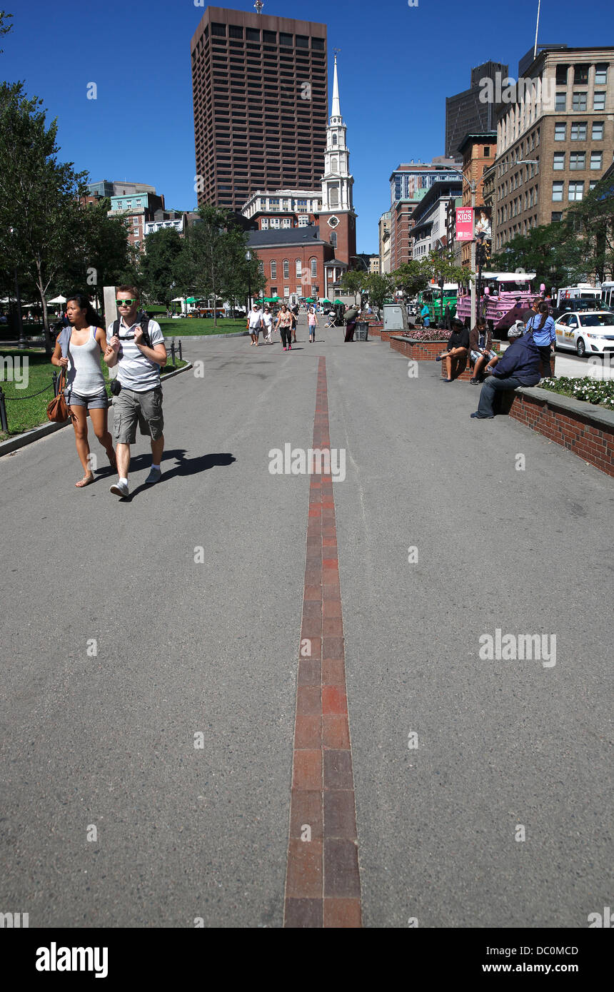 Red bricks mark the Freedom Trail with Park Street Church in the