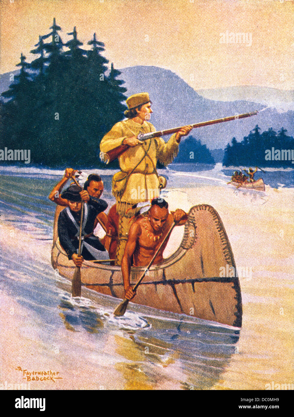 THE CANOE RACE BY R F BABCOCK SHOWS A BIRCHBARK CANOE PADDLED BY NATIVE