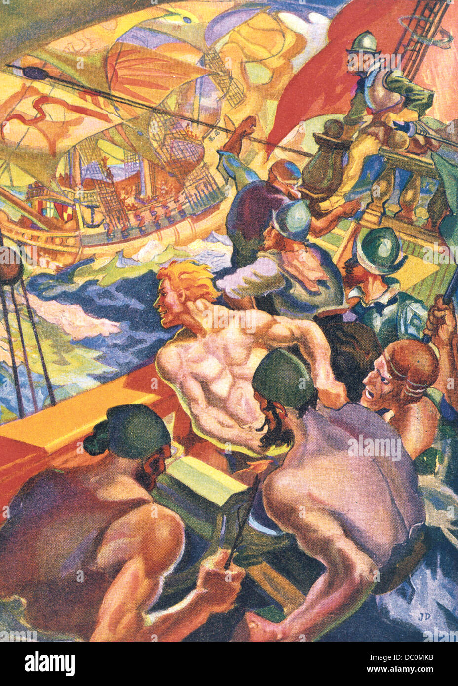 JAMES DAUGHERTY PAINTING SIR FRANCIS DRAKE'S QUEST SHOWS SAILORS OF THE 1500s IN BATTLE AT SEA Stock Photo