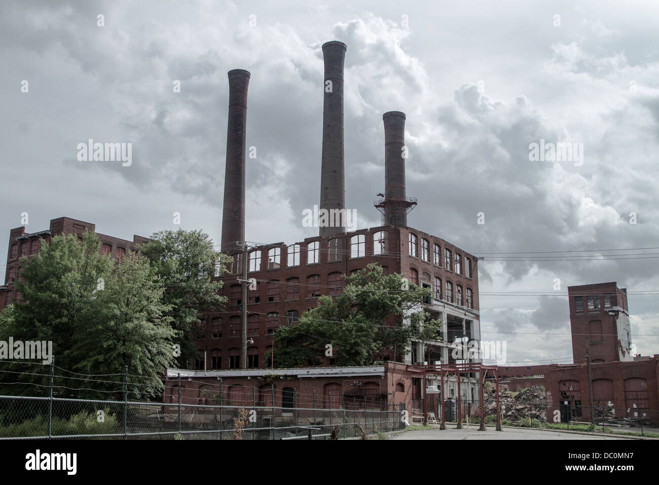 Historic Dan River Mills Smokestacks during plant demolition Stock Photo