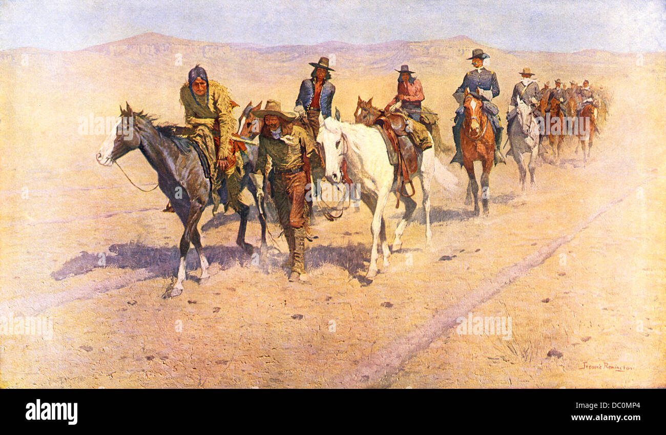 PAINTING BY FREDERIC REMINGTON 1906 PONY TRACKS ON THE BUFFALO TRAIL INDIANS AND CAVALRY ON AMERICAN WESTERN FRONTIER Stock Photo