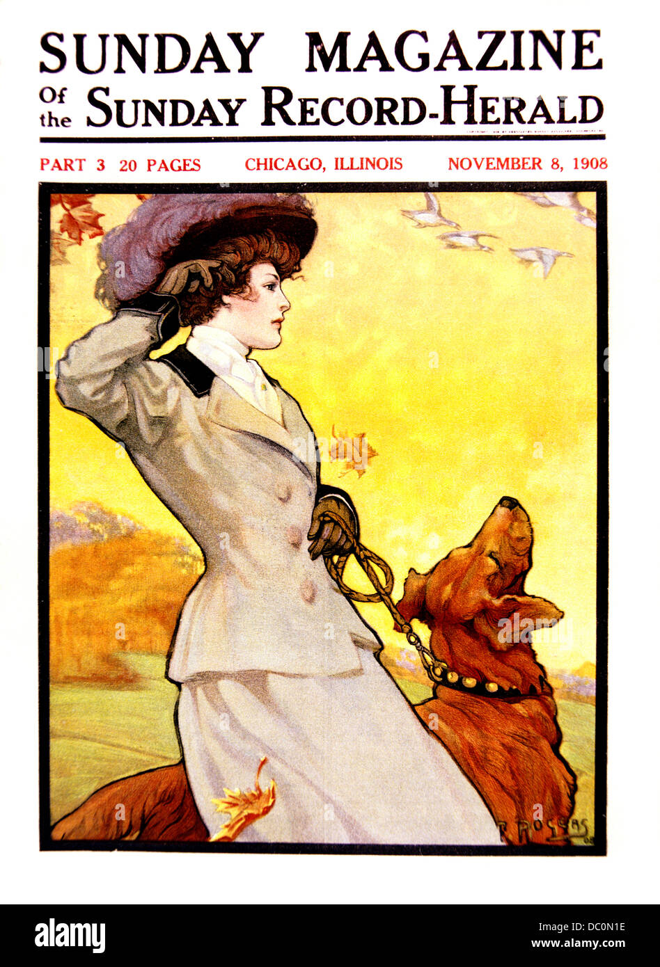1900s STYLISH VICTORIAN WOMAN AUTUMN CLOTHES WALKING DOG COVER OF SUNDAY MAGAZINE NOVEMBER 8 1908 Stock Photo