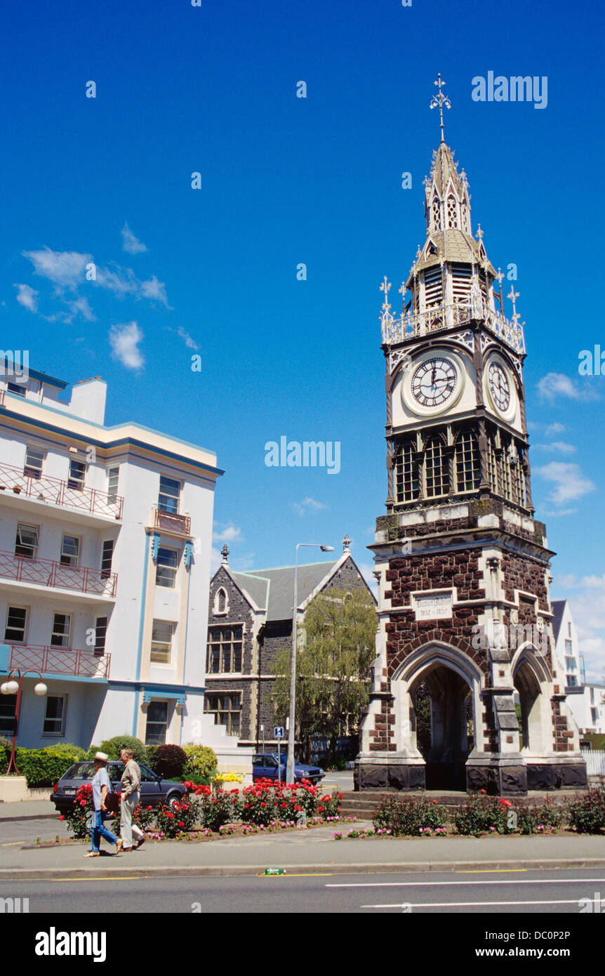 CHRISTCHURCH NEW ZEALAND VICTORIA CLOCK TOWER IN CENTER OF STREET Stock