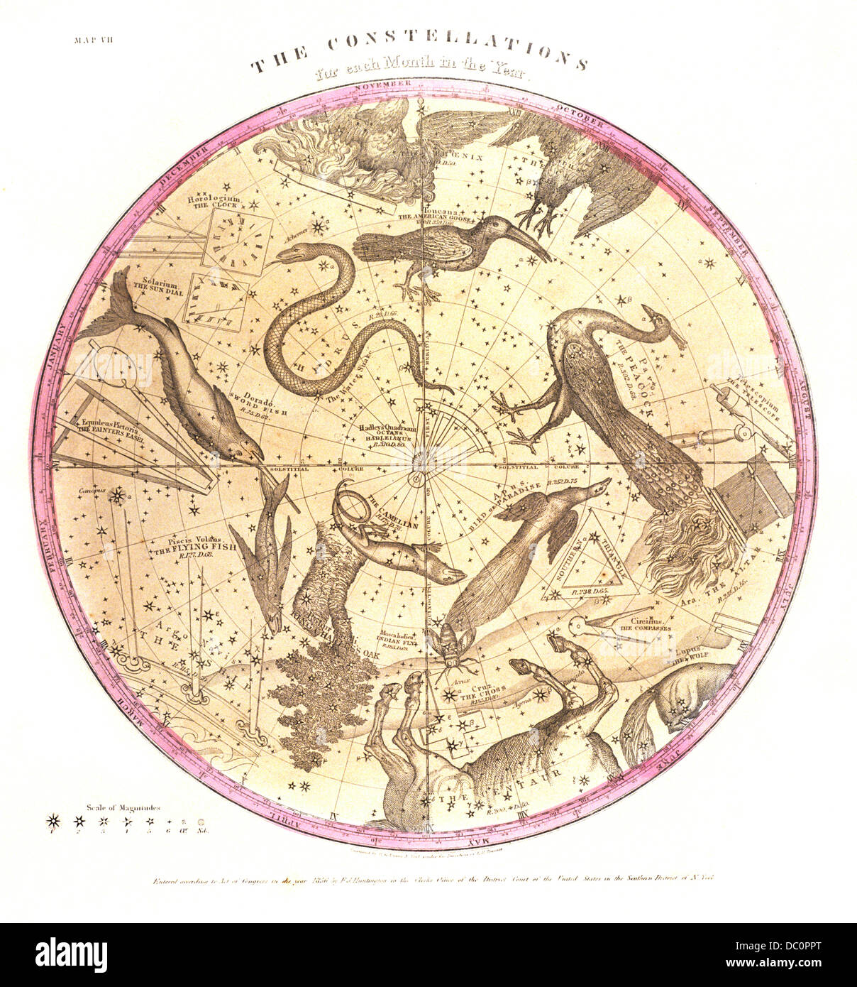 ANTIQUE MAP SHOWING STAR CHARTS AND THE CONSTELLATIONS Stock Photo
