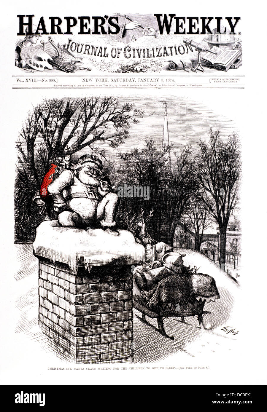 SANTA ABOUT TO GO DOWN CHIMNEY RED BAG TOY THOMAS NAST DRAWING HARPER'S WEEKLY JANUARY 3 1874 1800s Stock Photo
