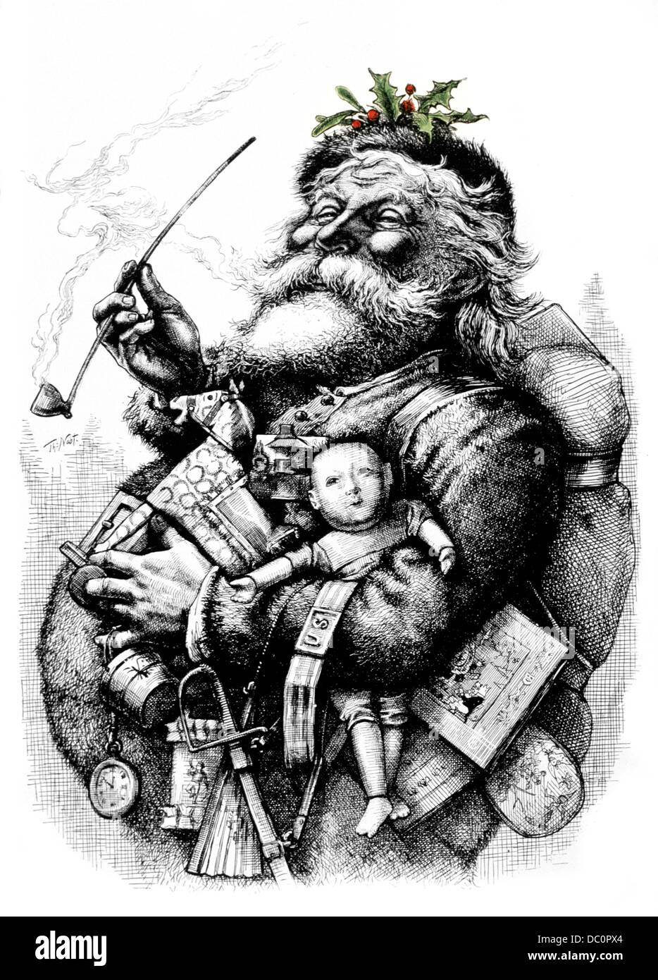 SANTA HOLDING TOYS PIPE WITH GREEN HOLLY IN HIS CAP 1800s 1881 THOMAS NAST DRAWING OF MERRY OLD SANTA Stock Photo