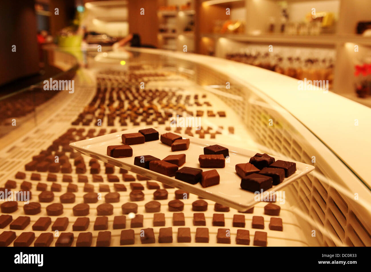 Chocolates at the Oberweis patisserie in Luxembourg. Stock Photo