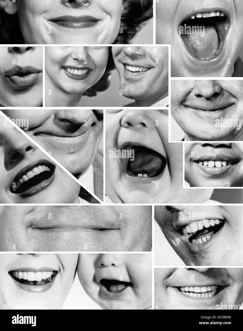 1950s 1960s COLLAGE MONTAGE OF SMILING LAUGHING MOUTHS OF MEN WOMEN BABIES Stock Photo