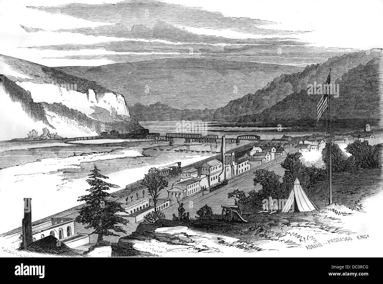 1860s VIEW OF HARPER'S FERRY AFTER DEMOLITION OF GOVERNMENT BUILDINGS UNION TROOPS ON HILL OVERLOOKING TOWN VIRGINIA USA Stock Photo