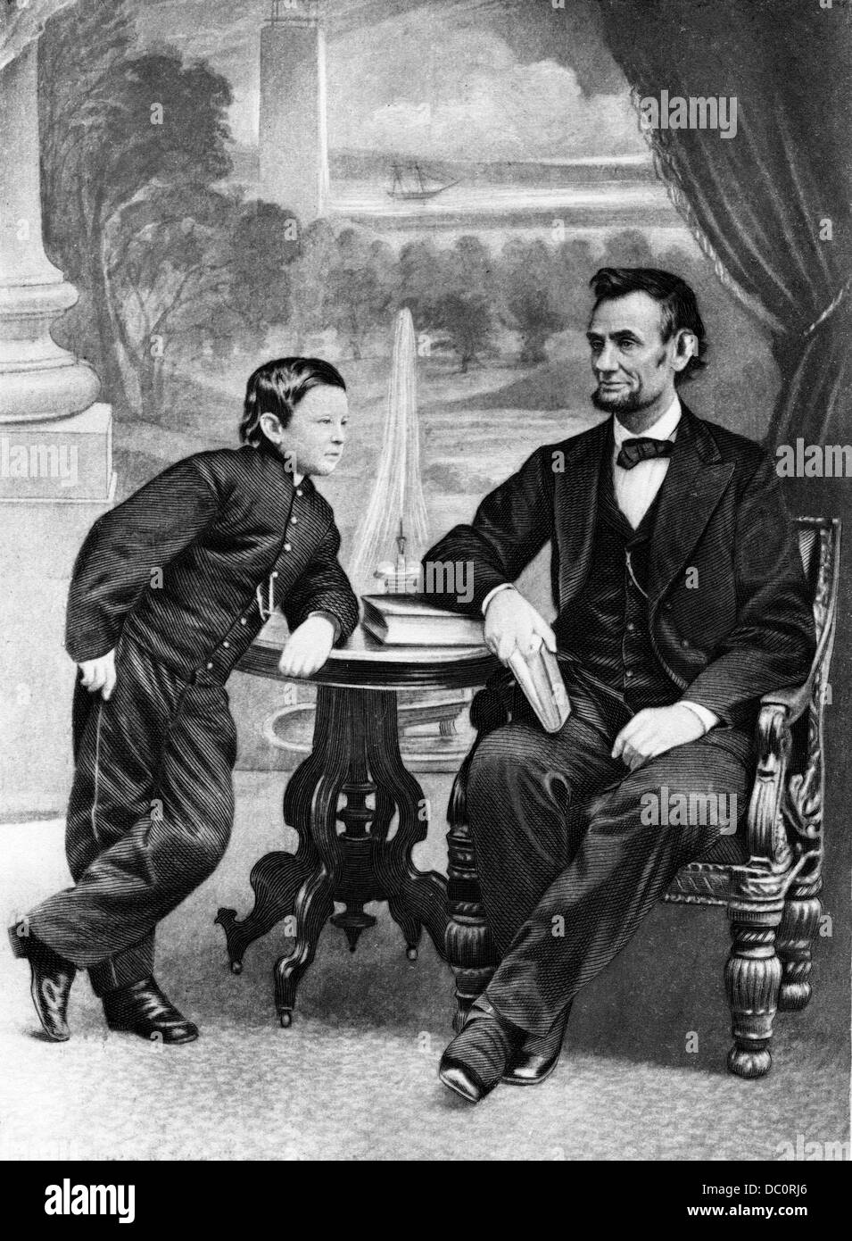 1800s 1860s PRESIDENT ABRAHAM LINCOLN WITH HIS SON TAD THOMAS LINCOLN Stock Photo