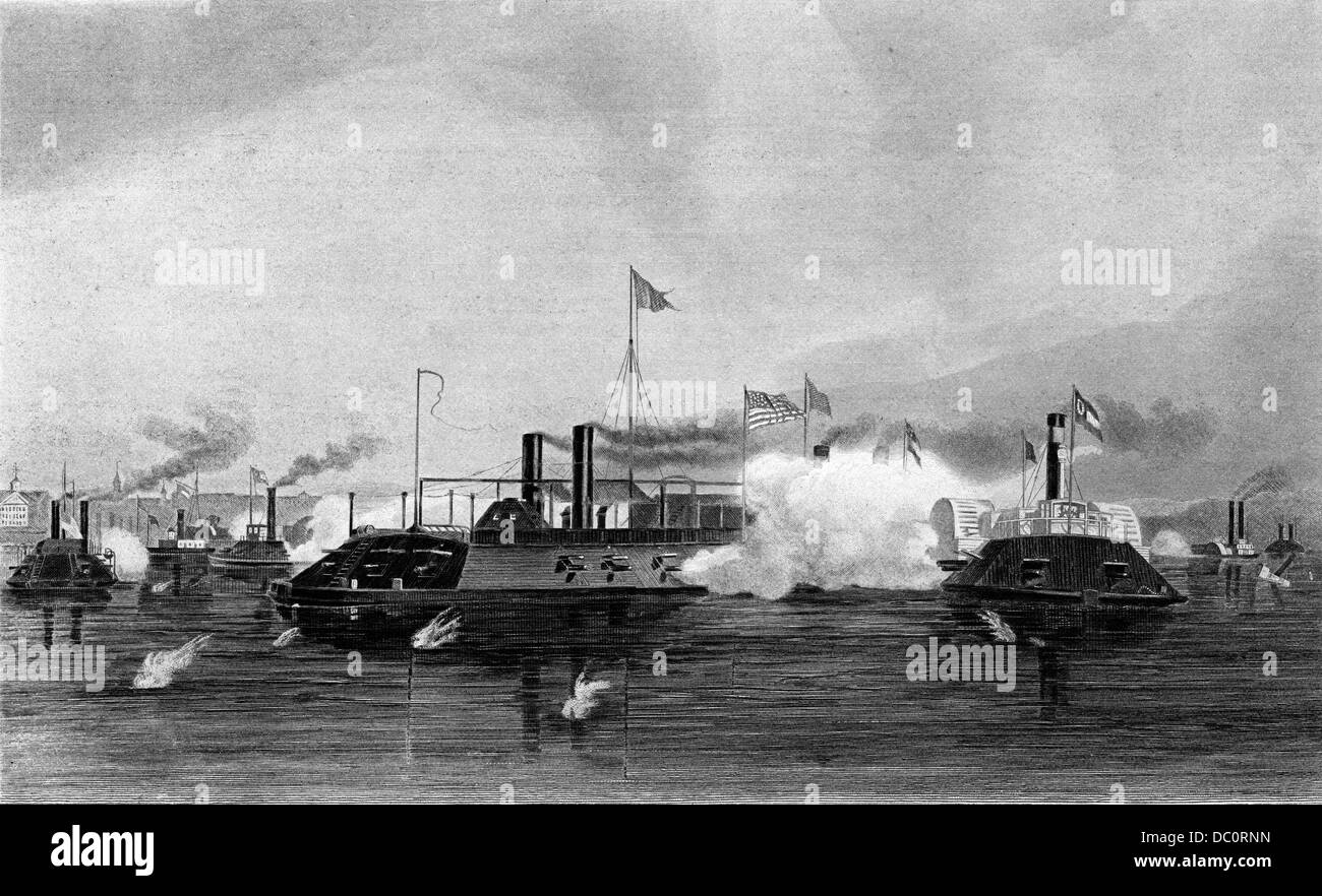 1800s 1860s JUNE 1862 SQUADRON OF IRONCLAD GUNBOATS SEE VICTORIOUS ACTION AT MEMPHIS TENNESSEE Stock Photo