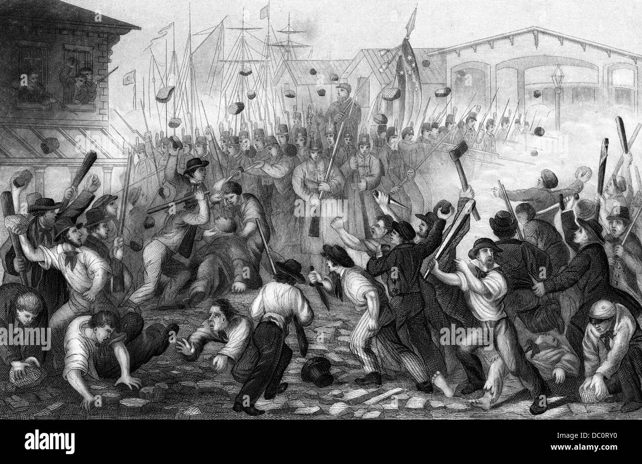 APRIL 19, 1861 FIRST CIVIL WAR BLOODSHED BALTIMORE PRATT STREET RIOT SOUTHERN SYMPATHIZERS ATTACK MASSACHUSETTS REGIMENT Stock Photo