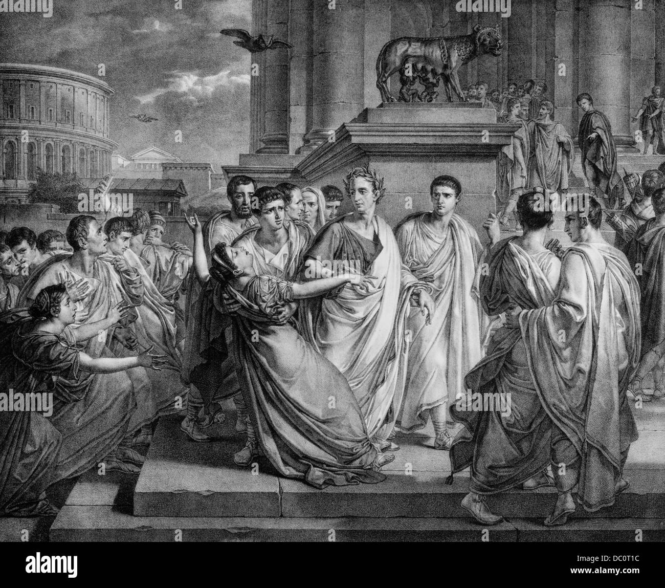 44 BC IDES OF MARCH ASSASSINATION MURDER DEATH OF ROMAN EMPIRE DICTATOR JULIUS CAESAR ILLUSTRATION BY ABEL DE PUJOL Stock Photo