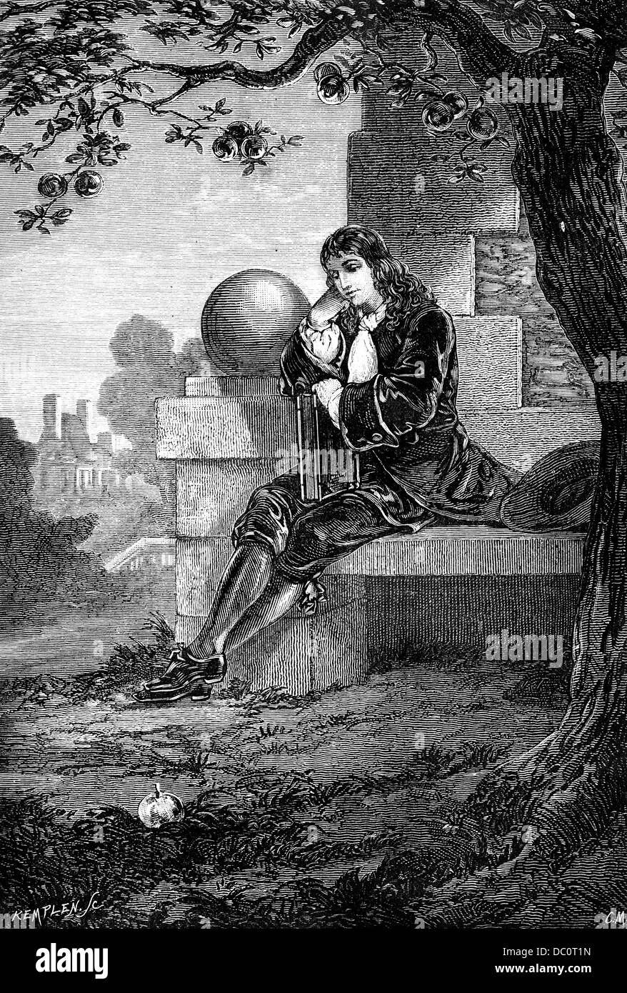 1600s ENGRAVING OF SIR ISAAC NEWTON AS YOUNG MAN SITTING UNDER APPLE TREE PONDERING DROPPING APPLE AND GRAVITY Stock Photo