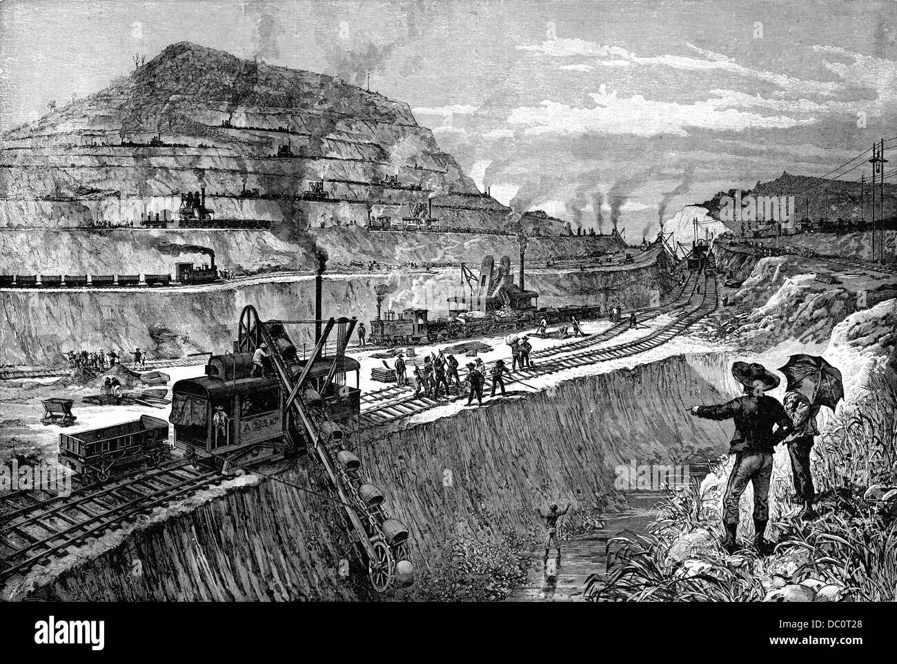 1900s ENGRAVING OF CONSTRUCTION OF THE PANAMA CANAL STEAM SHOVEL ON RAILS DOING THE EXCAVATION