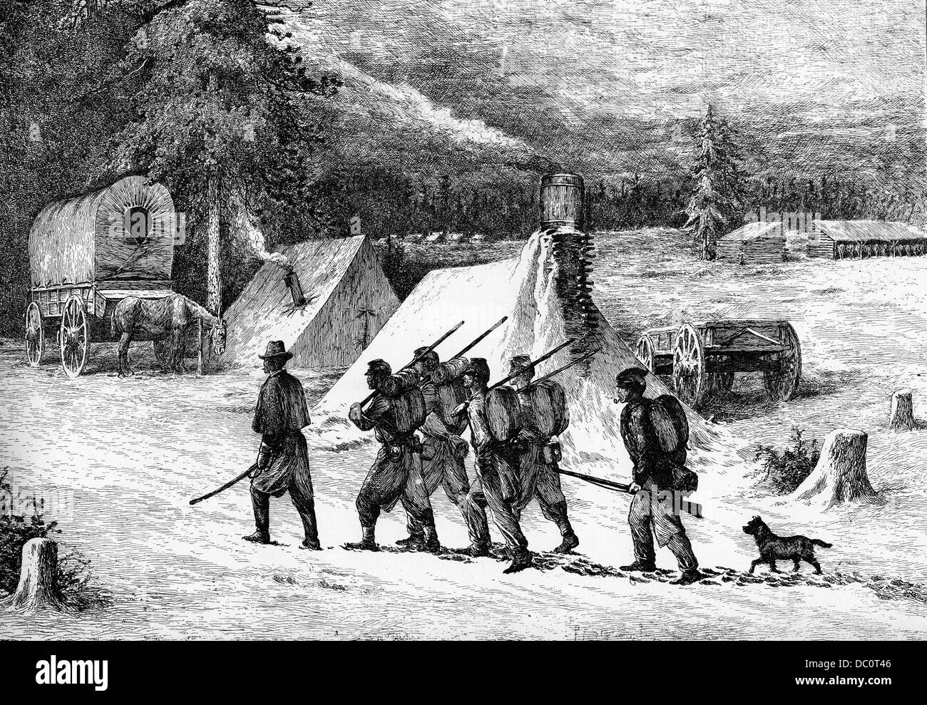 1800s 1860s SOLDIERS ENTERING CAMP DURING WINTER SNOW AMERICAN CIVIL WAR Stock Photo