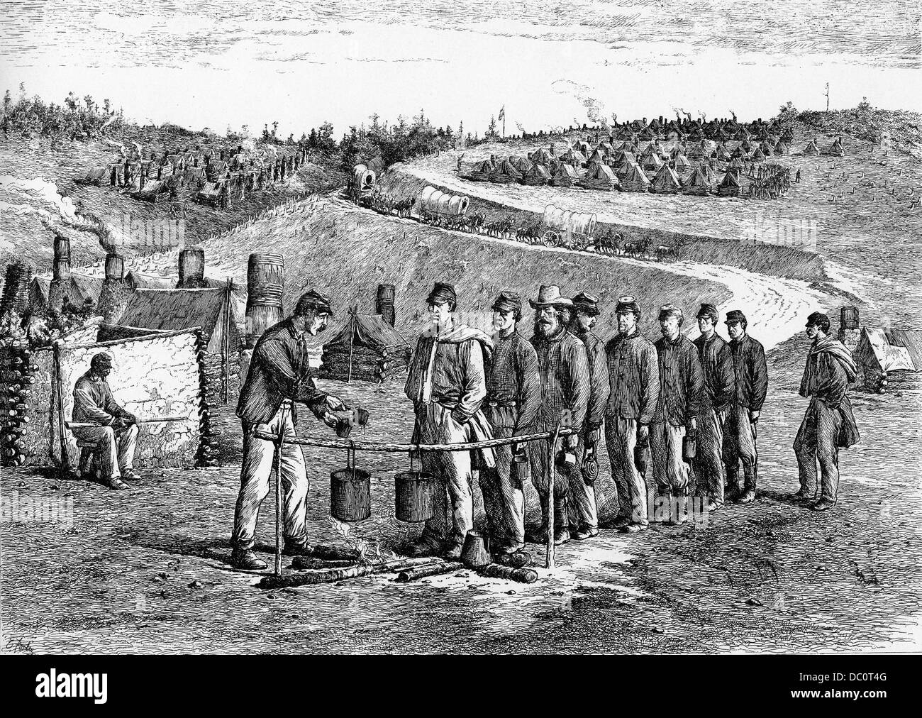 1800s 1860s ILLUSTRATION SOUP LINE OF UNIONS SOLDIERS WAITING TO FILL SOUP CUPS WAGONS TENTS ENCAMPMENT ON SURROUNDING HILLSIDES Stock Photo