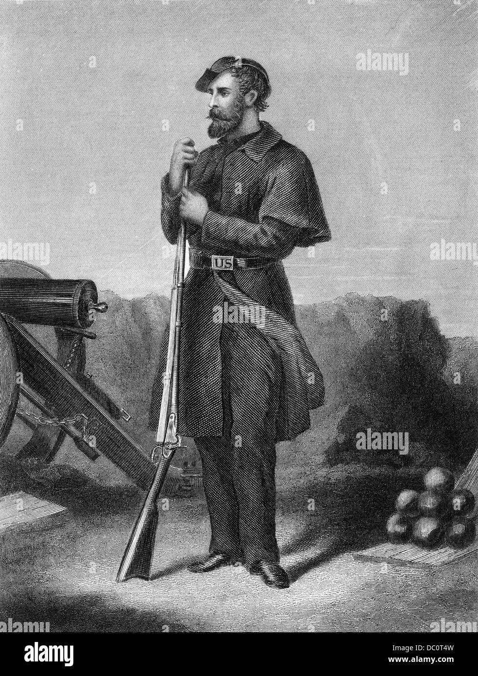 1800s 1860s STANDING PORTRAIT OF A UNION VOLUNTEER SOLDIER IN UNIFORM BY CANNON HOLDING RIFLE Stock Photo