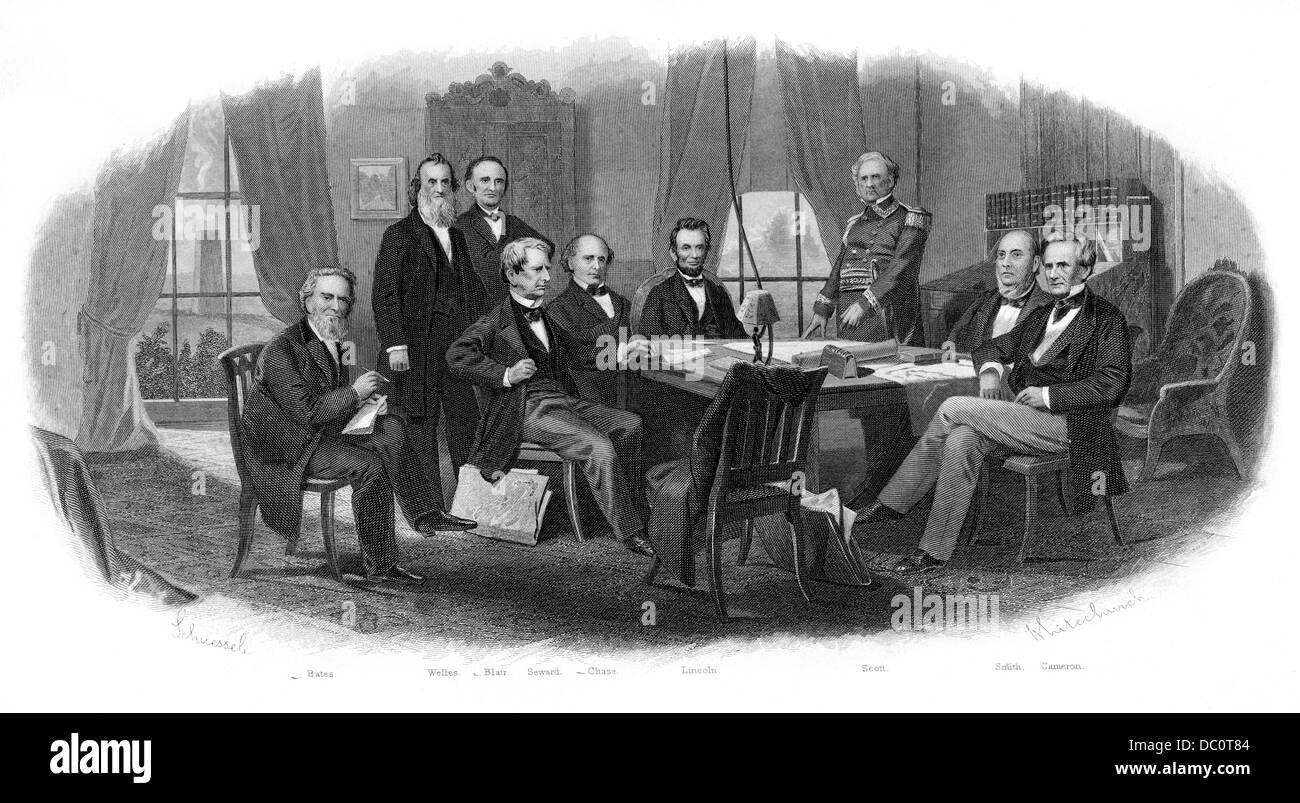 1860s 1800s LINCOLN AND HIS CABINET WITH LT. GEN.SCOTT FROM L. TO R. BATES WELLES BLAIR SEWARD CHASE LINCOLN SCOTT SMITH CAMERON Stock Photo