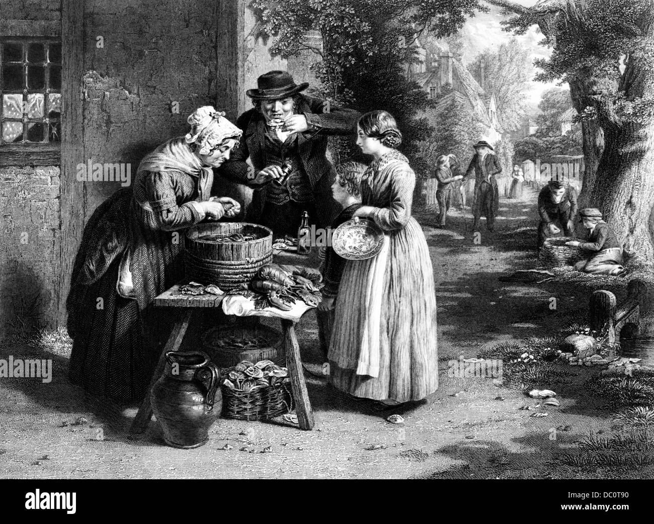 1800s FIRST DAY OF OYSTERS AT OPEN AIR FISH MONGER'S STAND WOMAN SHUCKING OYSTERS FOR CUSTOMERS BY GREATBATCH Stock Photo