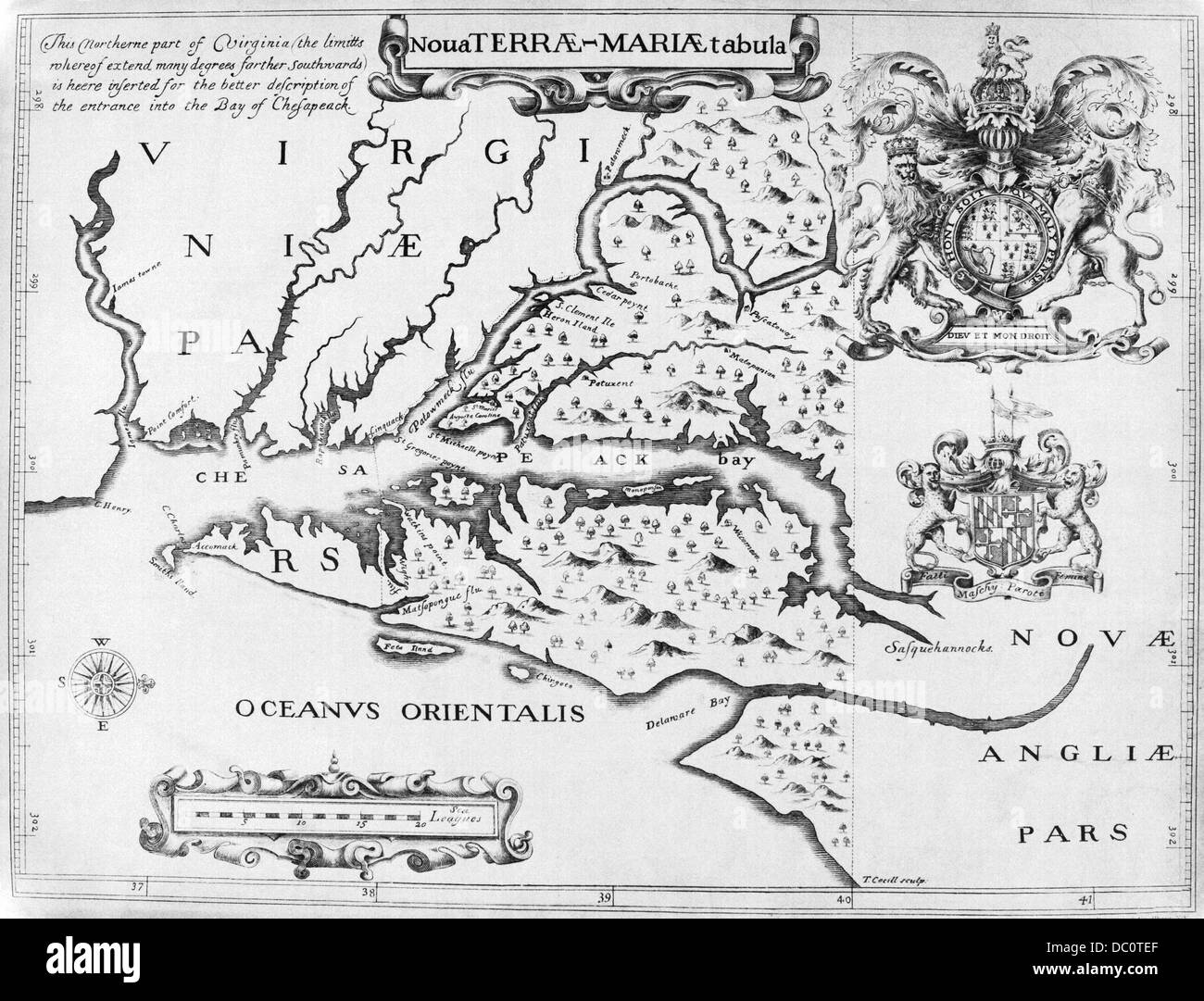 1600s 1635 MAP OF COLONIAL MARYLAND AND CHESAPEAKE BAY Stock Photo